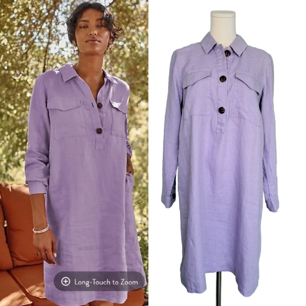 J JILL Purple Linen Popover Tunic Shirt Dress Size Small Lavender Long Sleeve